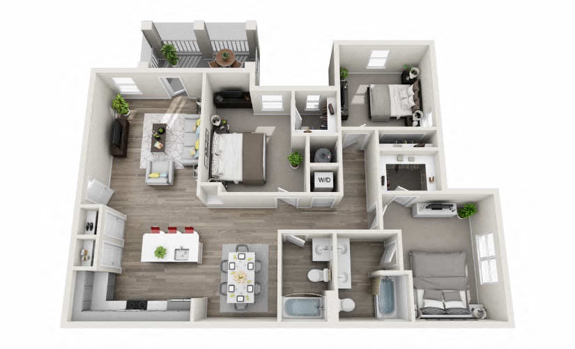 Floor plan for 3 beds, 2 baths, 1371 sqft